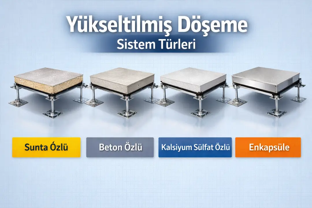 Yükseltilmiş döşeme sistem türleri sunta beton kalsiyum sülfat ve enkapsüle