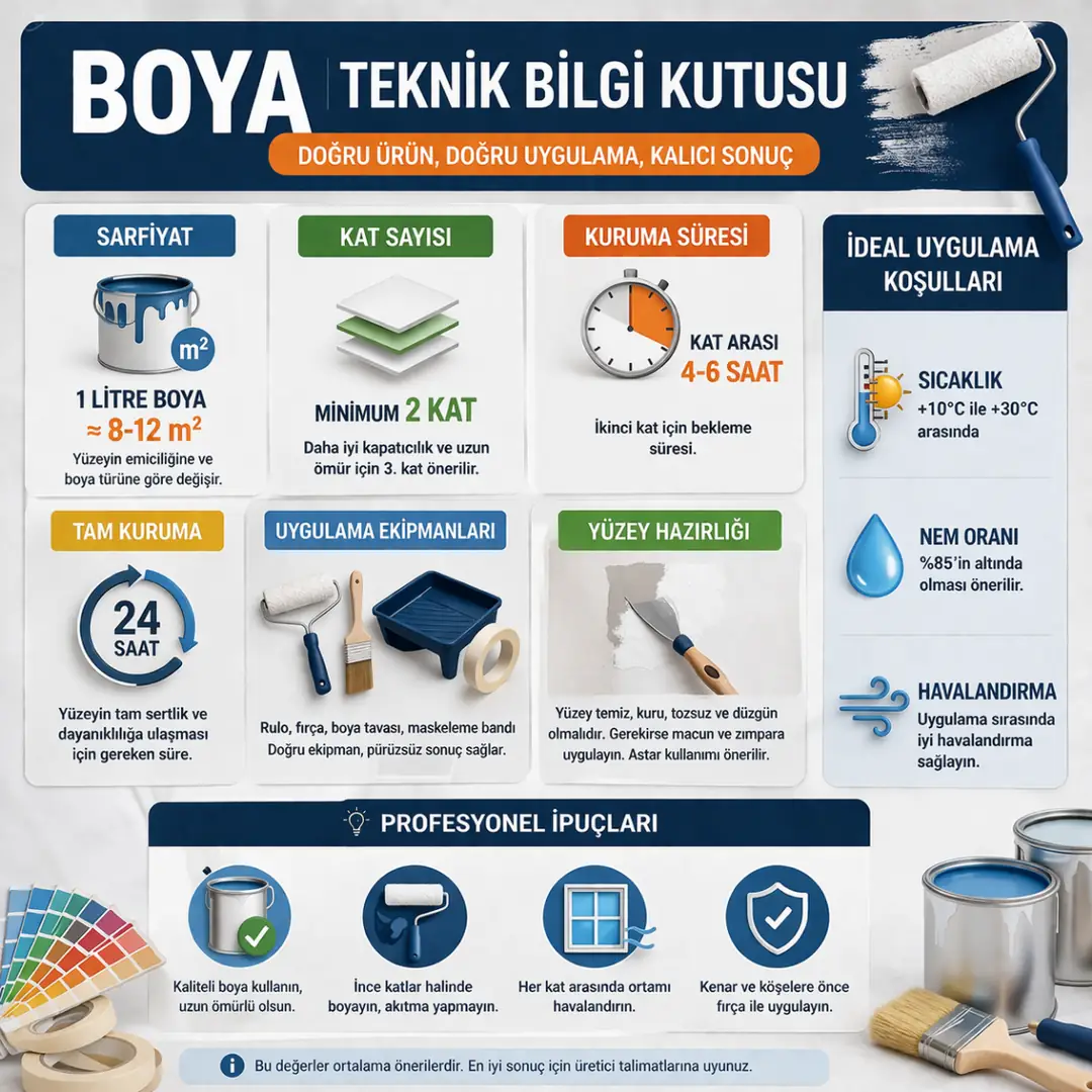 Boya sarfiyatı, kuruma süresi ve teknik uygulama bilgileri infografik&nbsp;