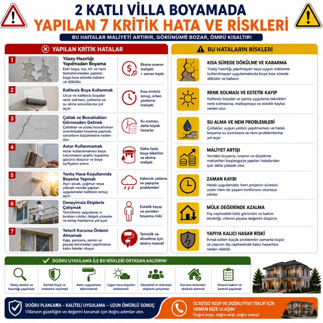 Villa boyamada yapılan yanlış uygulamalar düşük kaliteli boya ve yüzey hazırlık hataları&nbsp;