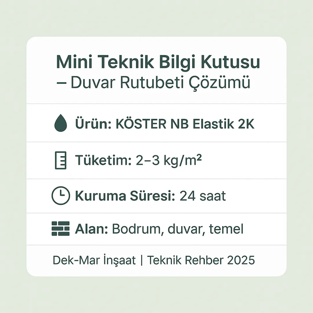 KÖSTER NB Elastik 2K teknik bilgi kutusu – duvar rutubeti çözümü için uygulama ve tüketim detayları – Dek-Mar 2025. 