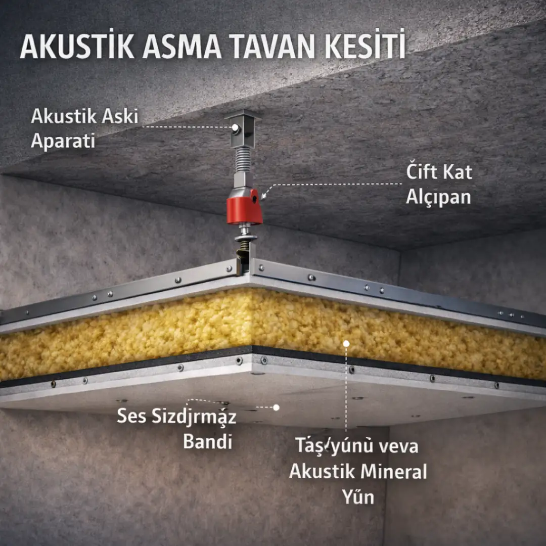 Akustik askılı asma tavan sisteminin katmanlı teknik kesit görünümü&nbsp;