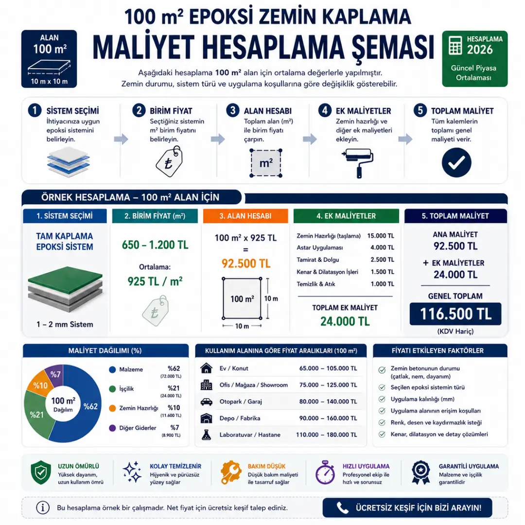 100 m² epoksi zemin kaplama maliyet hesaplama şeması, metrekare fiyatı, zemin hazırlığı ve toplam bütçe örneği&nbsp;