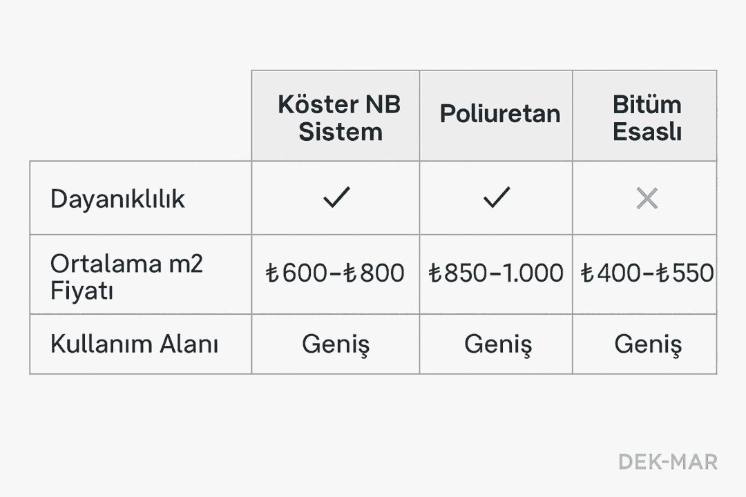 Köster NB Sistem, poliüretan ve bitüm esaslı su yalıtım malzemelerinin fiyat ve dayanıklılık karşılaştırma tablosu. 
