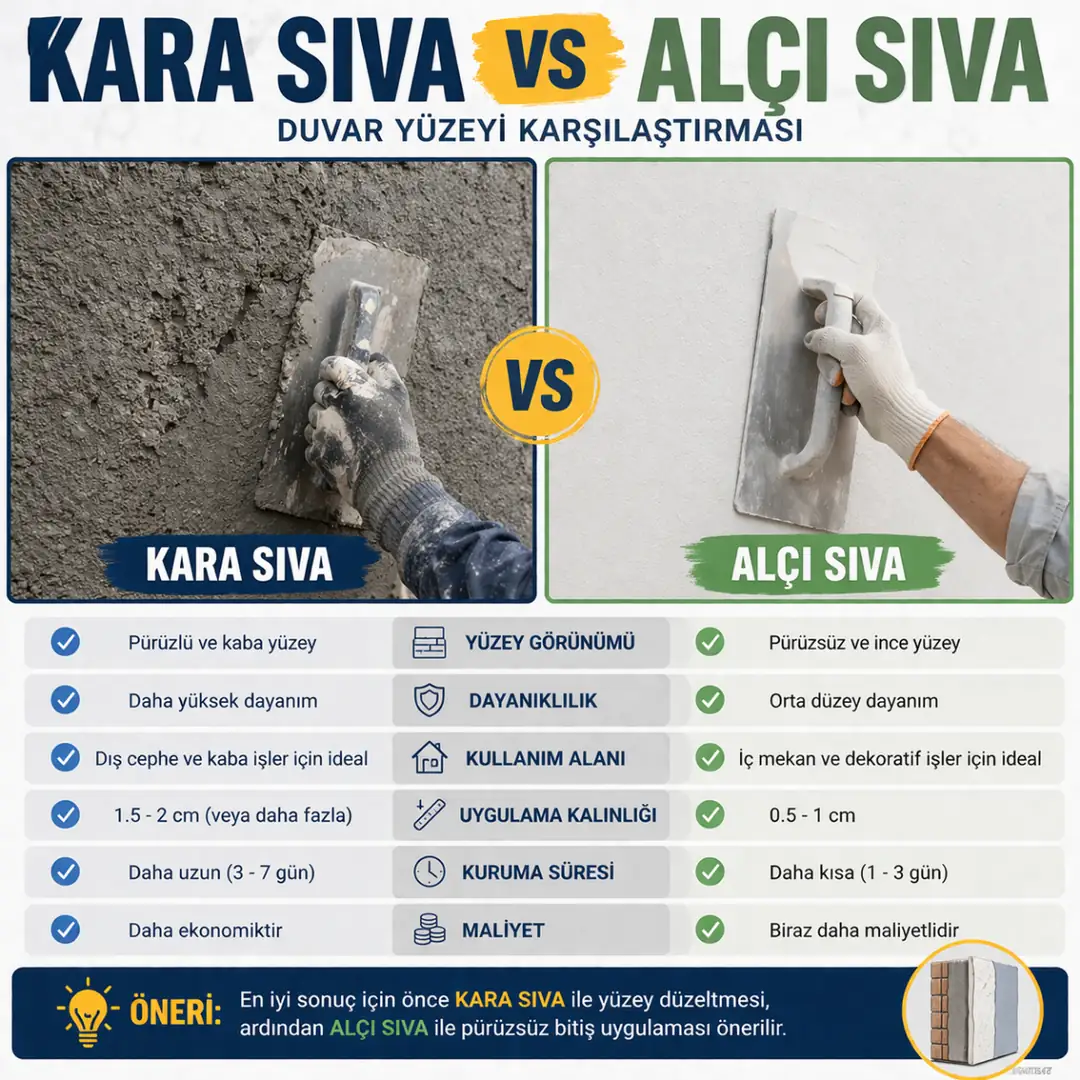 Kara sıva ve alçı sıva arasındaki yüzey farkını gösteren karşılaştırmalı duvar görseli