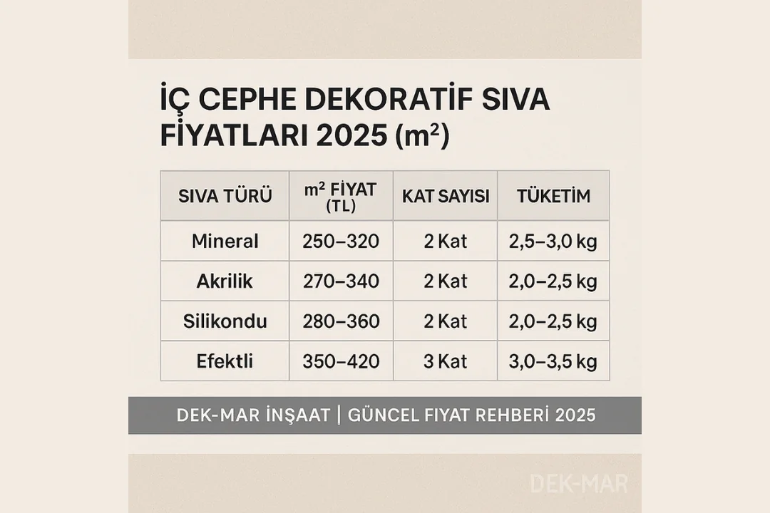 2025 iç cephe dekoratif sıva fiyat tablosu – mineral, akrilik, silikonlu ve efektli sıva m2 maliyetleri.