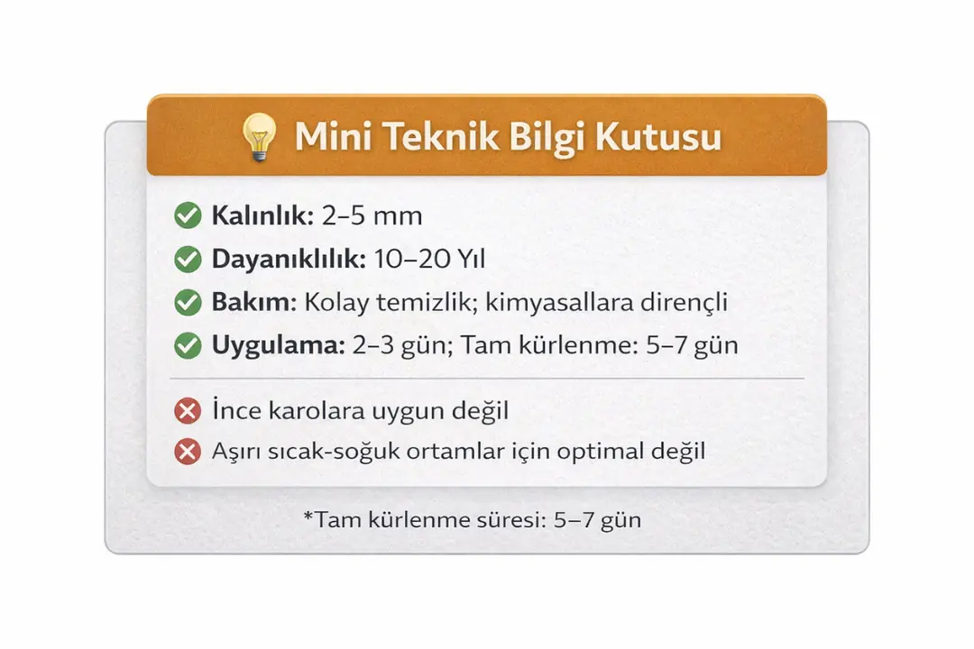 Epoksi zemin kaplama mini teknik bilgi kutusu, kalınlık, dayanıklılık, uygulama süresi ve bakım bilgileri özeti&nbsp;