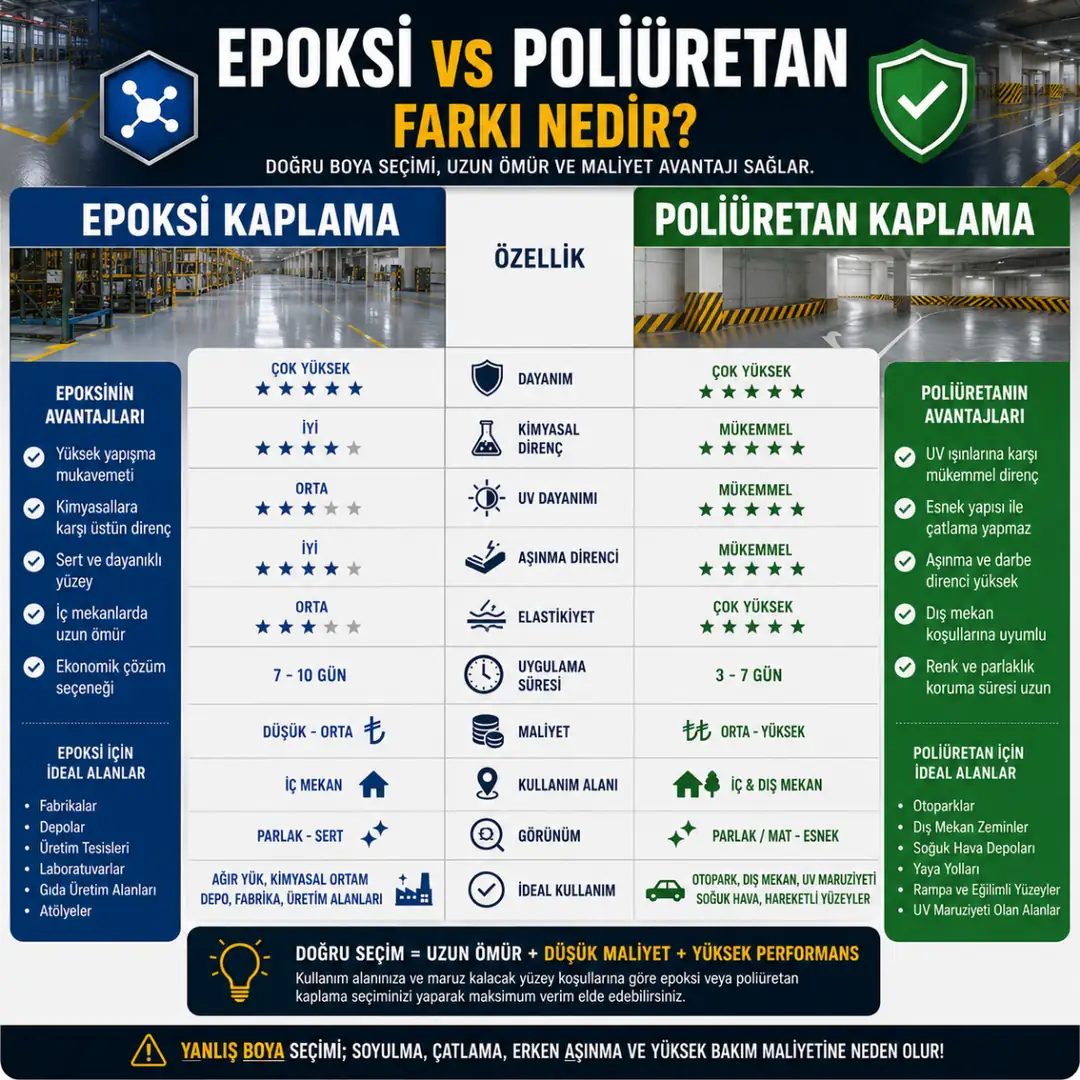 Epoksi ve poliüretan zemin kaplama farkları sıcaklık dayanımı esneklik ve kullanım alanları&nbsp;