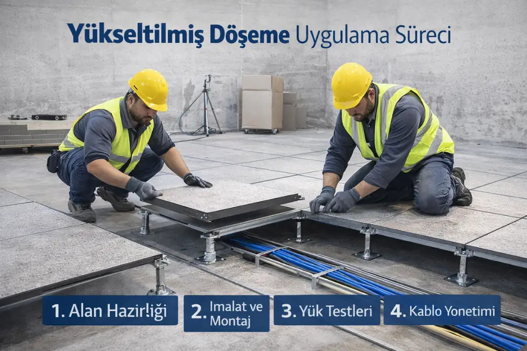 Yükseltilmiş döşeme uygulama süreci sahada panel montajı yapan ekip gerçek uygulama aşamaları ve kurulum detayı&nbsp;