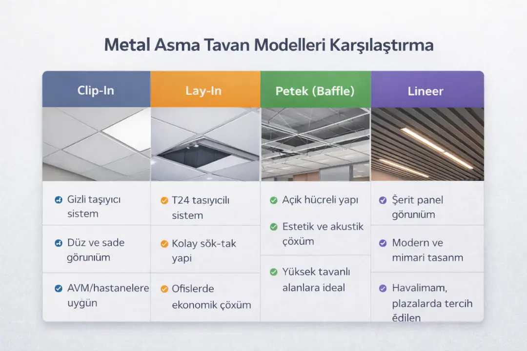 Clip-in lay-in ve petek metal asma tavan modelleri karşılaştırma tablosu&nbsp;