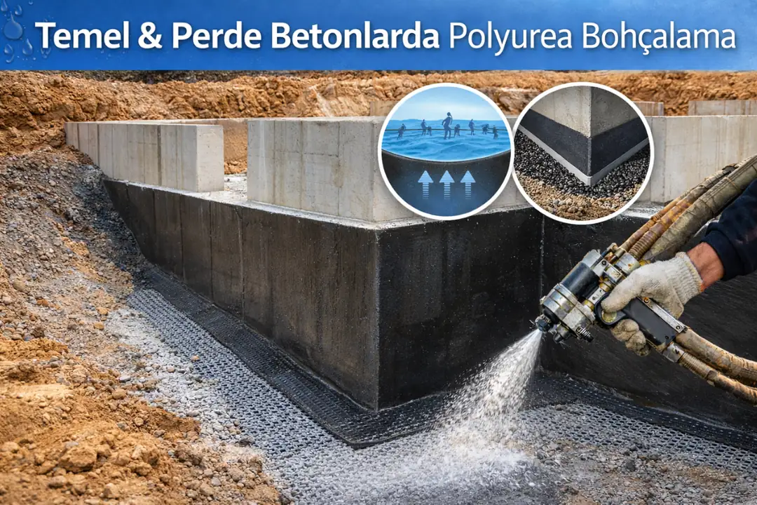 Temel ve perde betonlarda polyurea bohçalama su yalıtımı, toprak altı koruma sağlar.&nbsp;