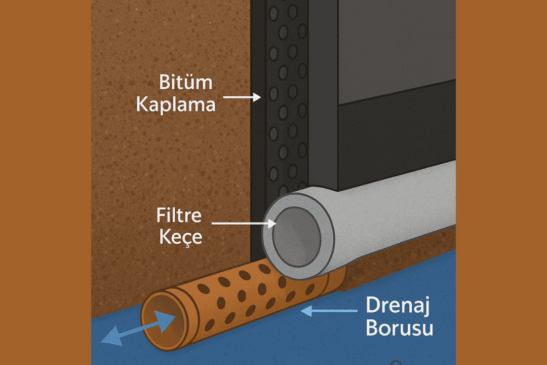 Bodrum kat drenaj detayı – delikli boru, filtre keçe ve drenaj levhası ile su tahliyesi kesiti.