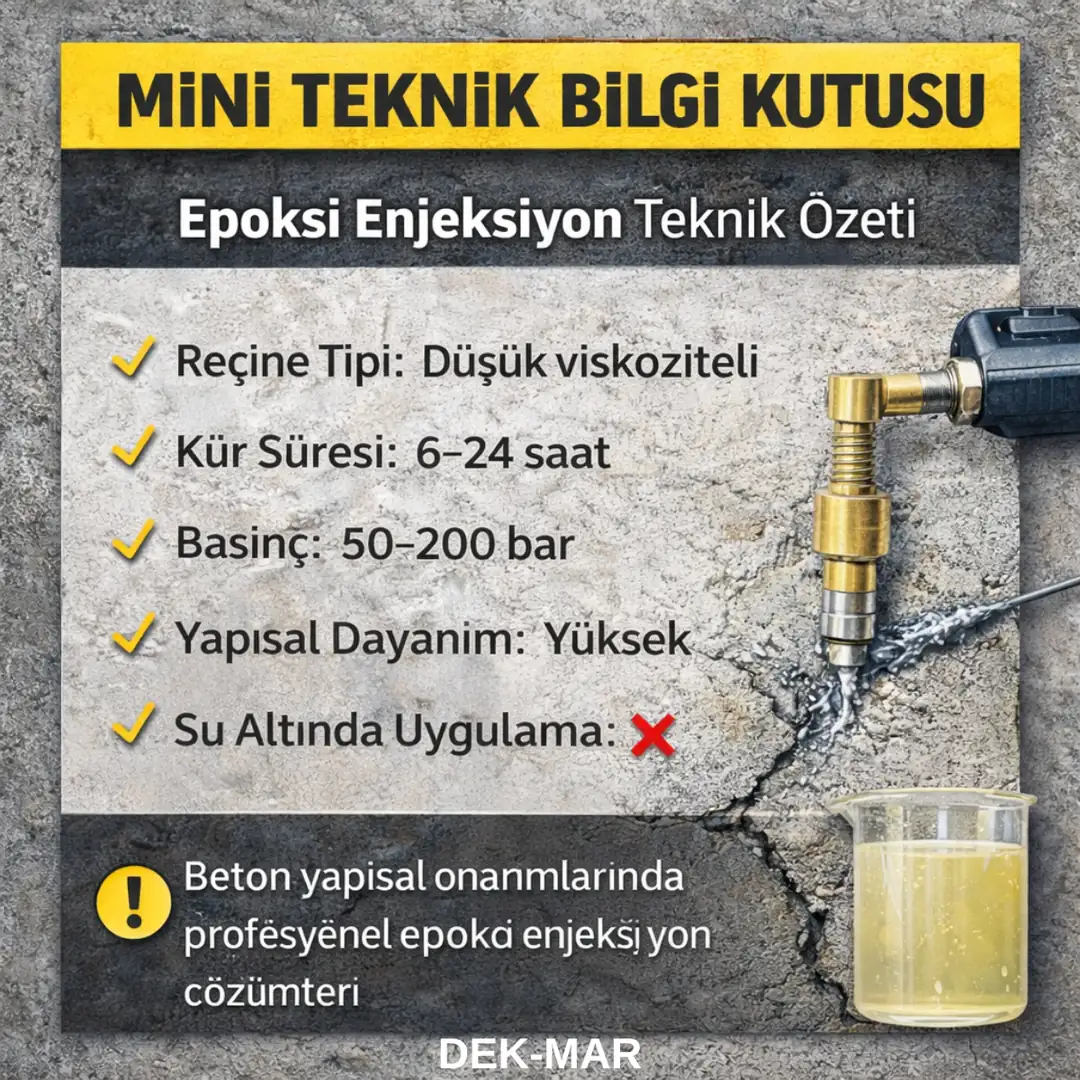 Epoksi enjeksiyon teknik bilgileri – düşük viskoziteli reçine, kür süresi, uygulama basıncı ve yapısal dayanım özeti&nbsp;