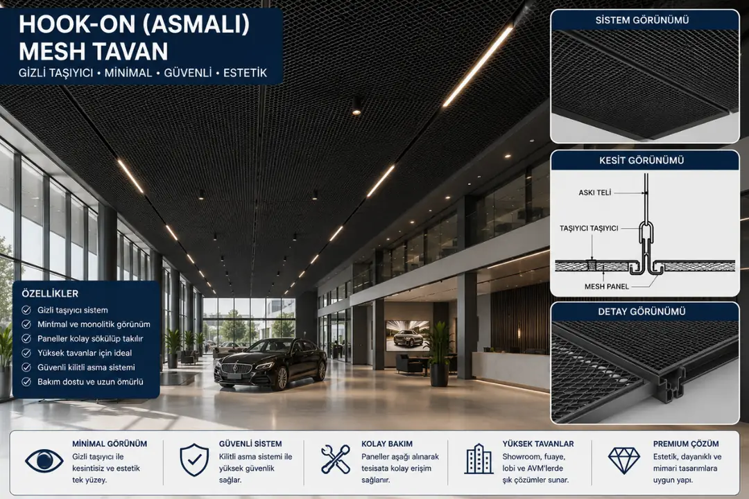 Gizli taşıyıcılı hook-on mesh tavan showroom uygulaması&nbsp;