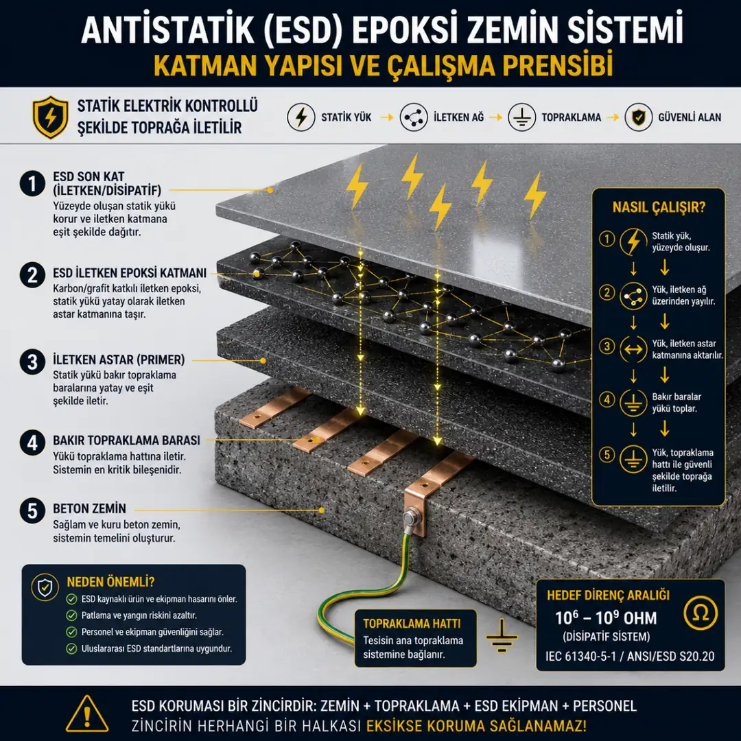 Antistatik epoksi zemin katman yapısı ve bakır topraklama sistemi