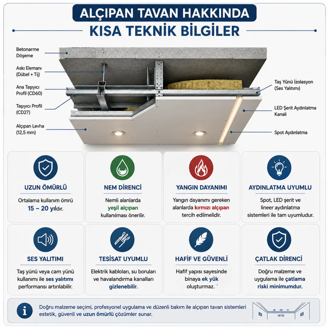 Alçıpan tavan teknik bilgileri kullanım ömrü yangın dayanımı nem direnci ses yalıtımı ve LED uyumu özellikleri.