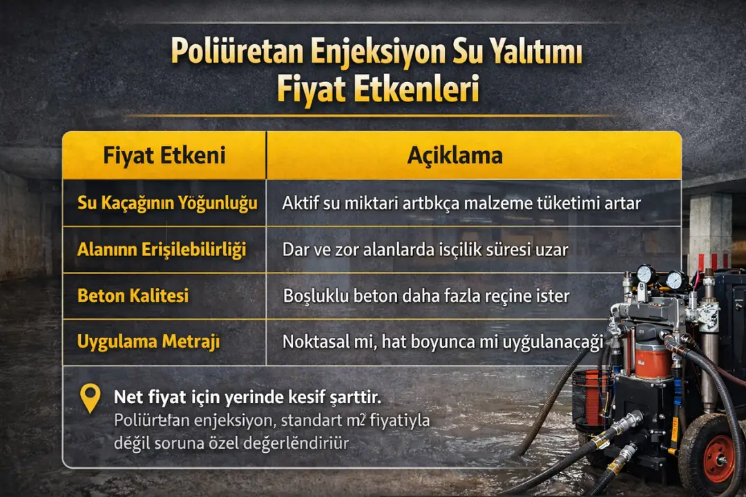 Poliüretan enjeksiyon su yalıtımı fiyat etkenleri – su kaçağı yoğunluğu, beton kalitesi, uygulama alanı ve işçilik faktörleri&nbsp;