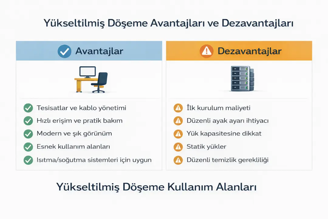 Yükseltilmiş döşeme avantajları ve dezavantajları ofis ve veri merkezi uygulamaları için karşılaştırmalı görsel