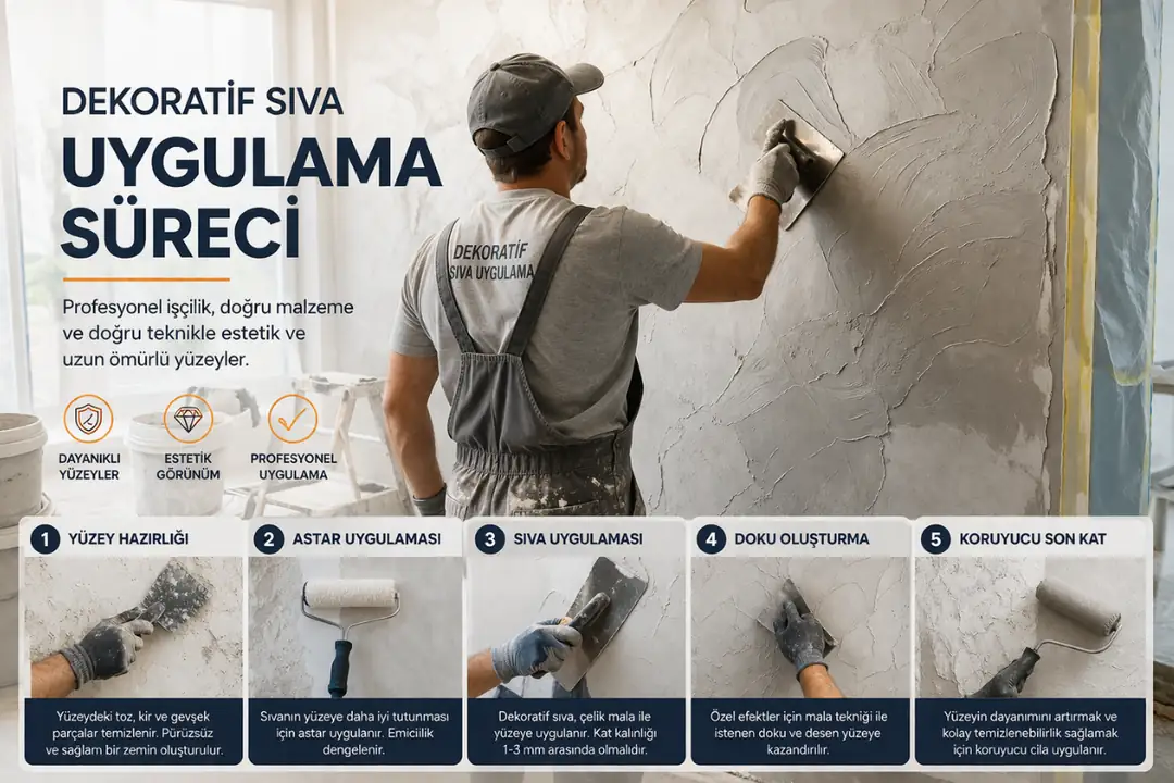 Dekoratif iç cephe sıva uygulama süreci mala ile profesyonel işçilik