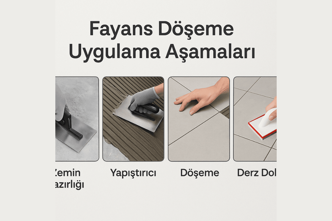 Fayans döşeme uygulama aşamaları – zemin hazırlığı, yapıştırıcı uygulaması, fayans yerleşimi ve derz dolgu süreci. 