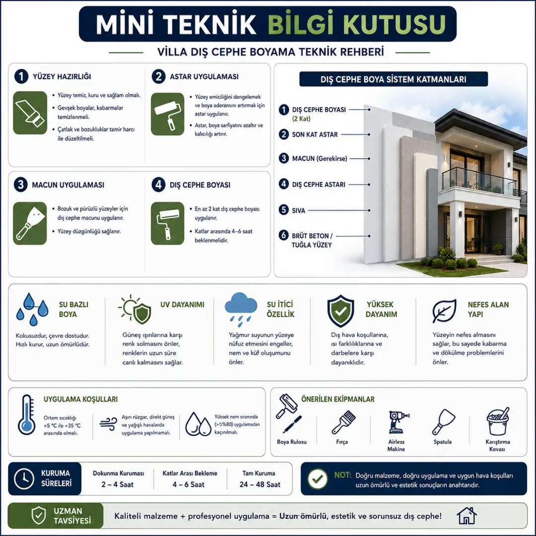 Villa dış cephe boya teknik bilgileri tüketim kat sayısı uygulama süresi ve hava şartları&nbsp;