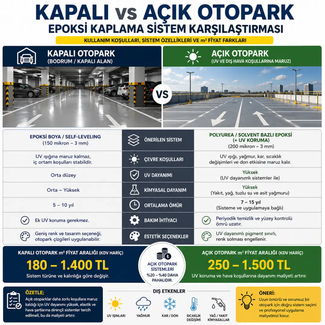 Kapalı ve açık otopark epoksi kaplama fiyat farkı ve sistem karşılaştırması&nbsp;