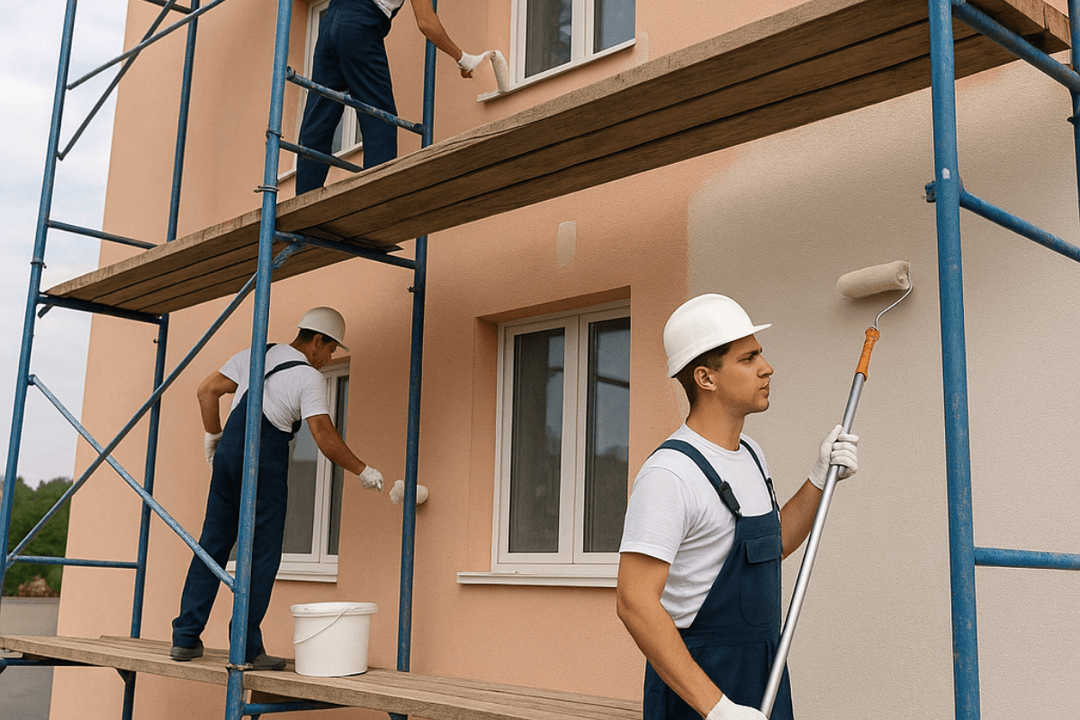 Başakşehir dış cephe boyacı ustaları iskele üzerinde profesyonel uygulama yapıyor. 