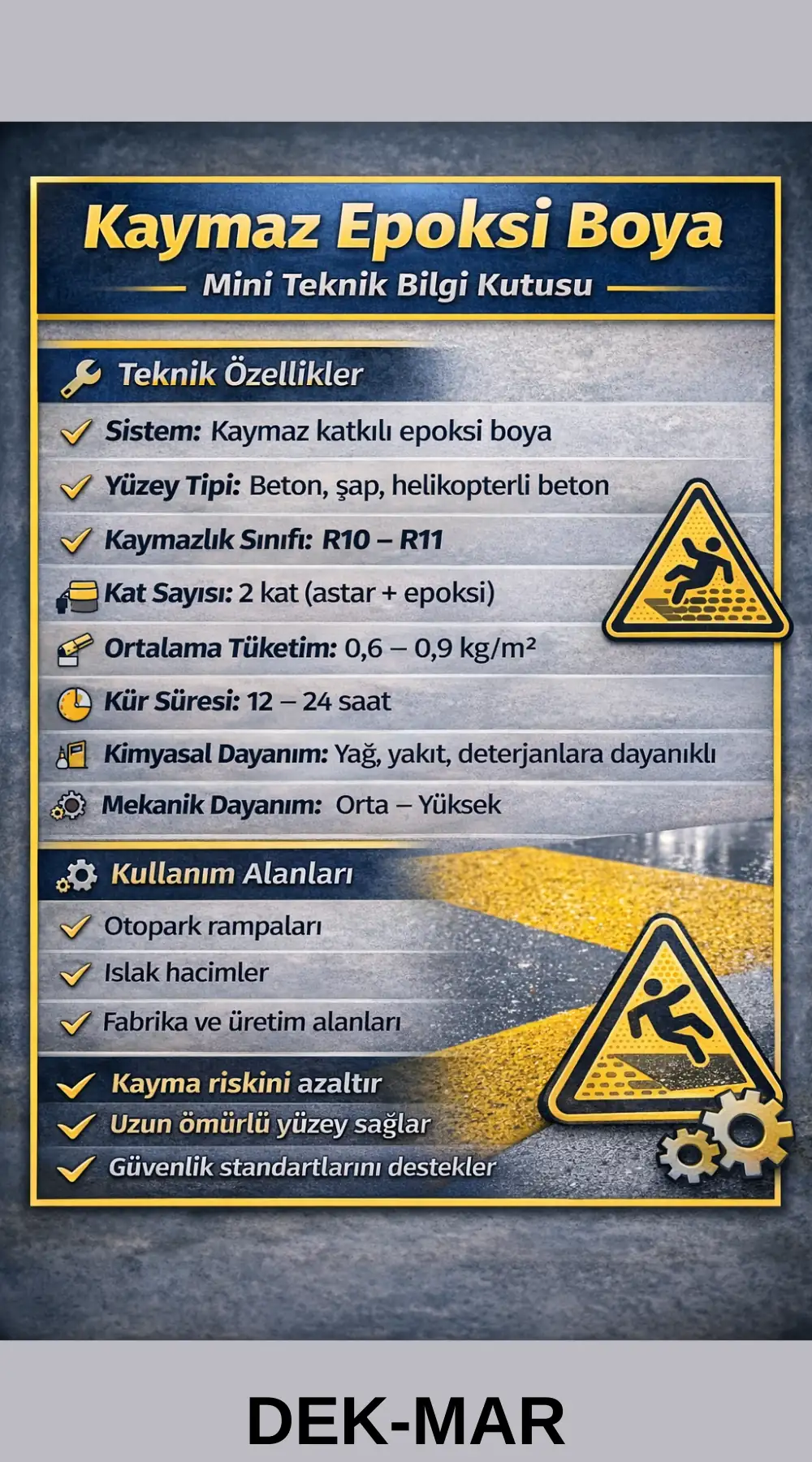 Kaymaz epoksi boya teknik özellikleri – R10 R11 kaymazlık, tüketim, kür süresi ve kullanım alanlarını gösteren teknik görsel&nbsp;