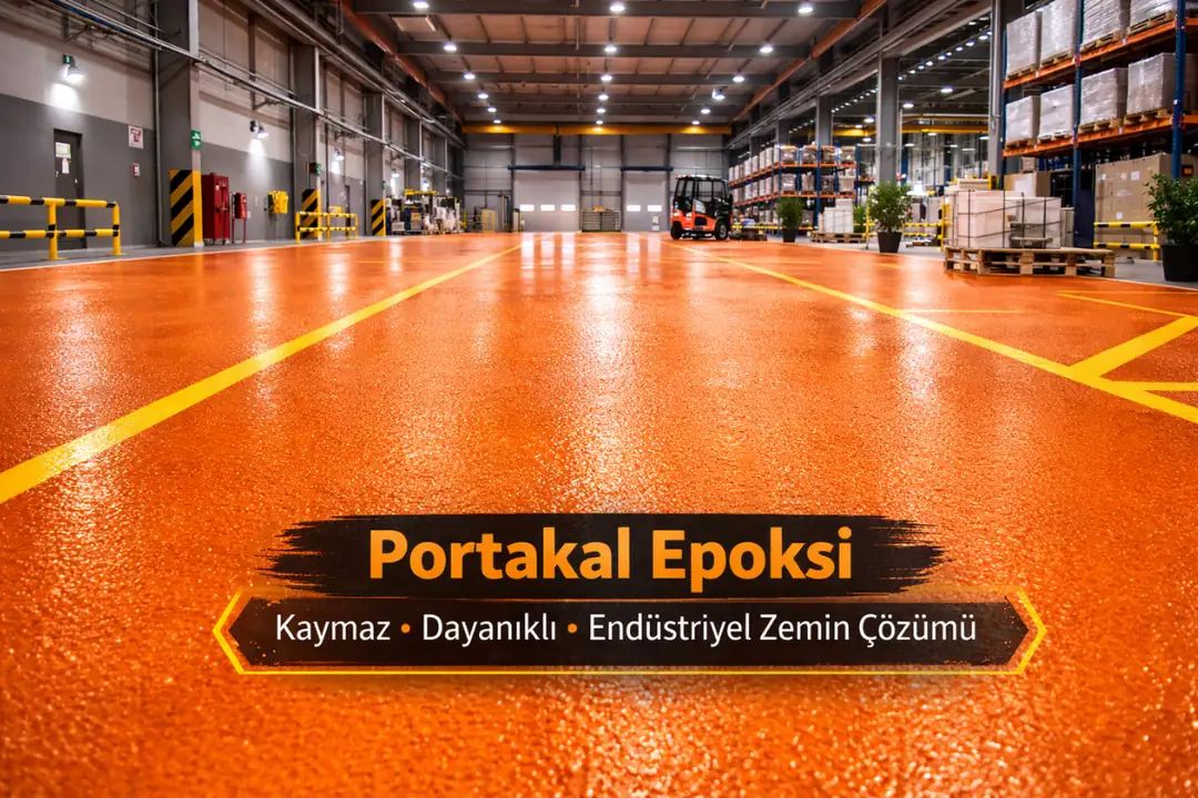 Portakal epoksi ile tamamlanmış endüstriyel depo zemini kaymaz ve dayanıklı yüzey&nbsp;