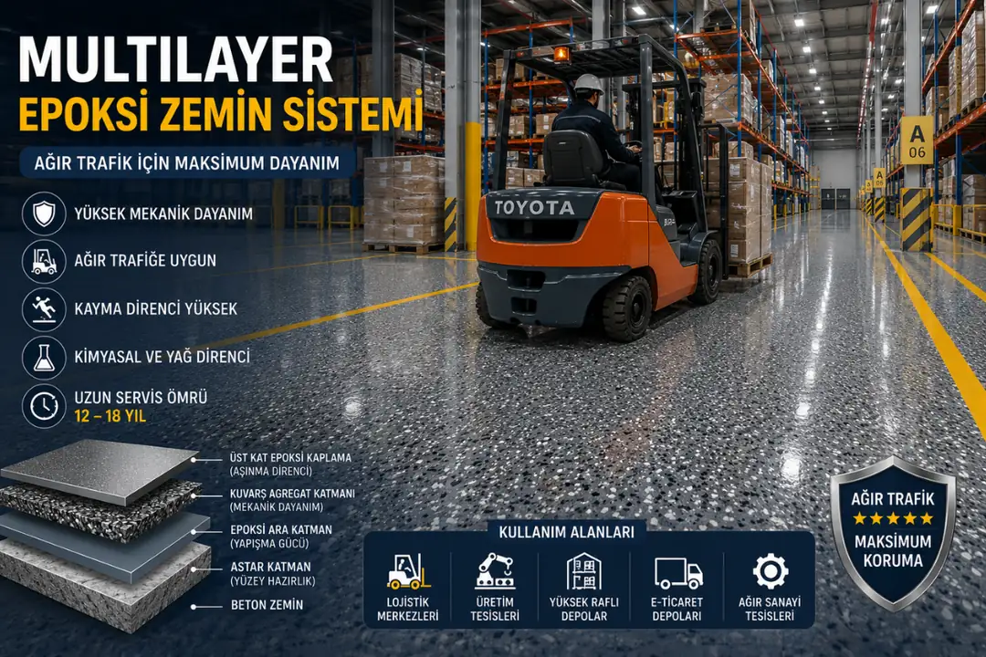 Forklift trafiğine uygun multilayer epoksi fabrika zemin uygulaması&nbsp;