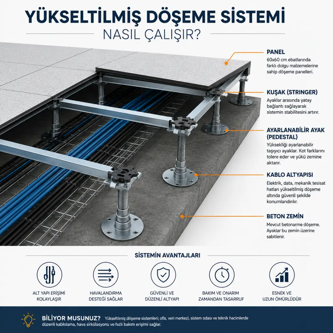 Yükseltilmiş döşeme panel, pedestal ayak ve kuşak sistem şeması