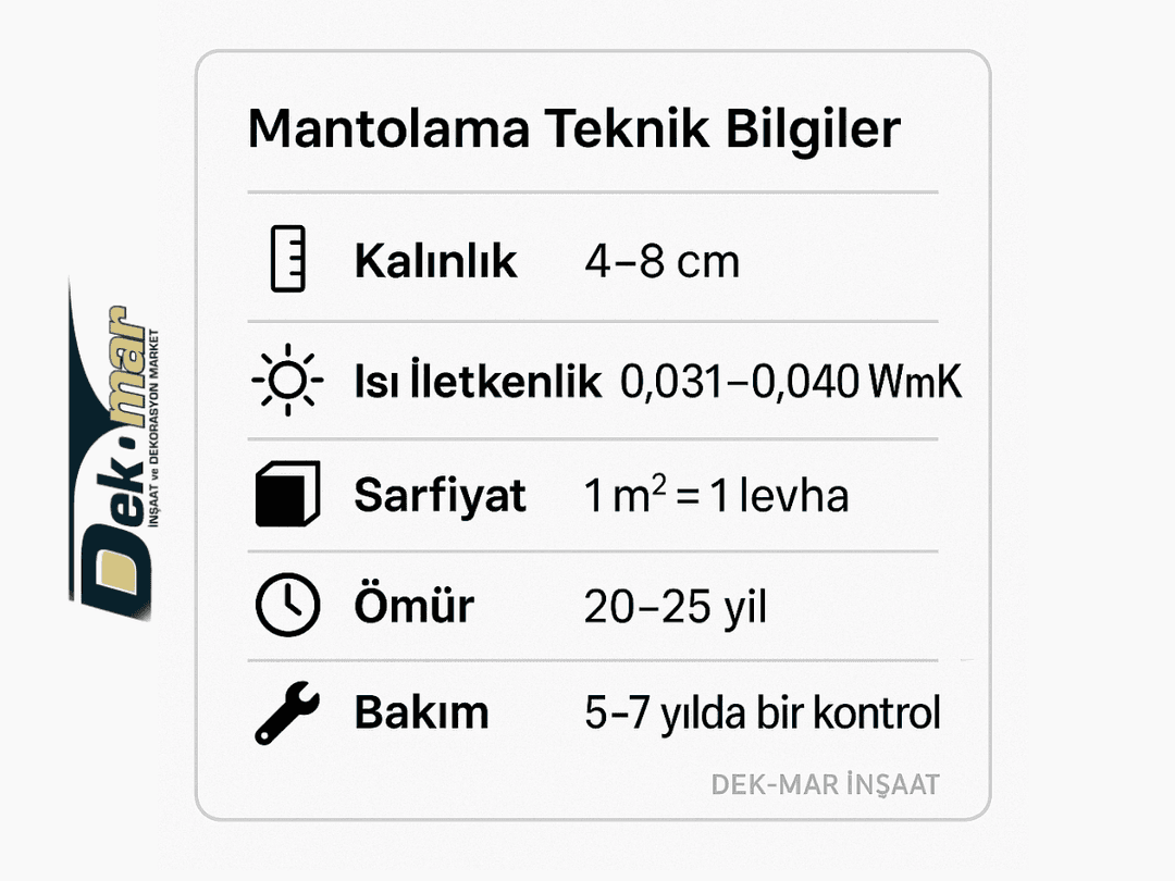 Mantolama teknik bilgiler: kalınlık, ısı iletkenlik, sarfiyat, ömür ve bakım bilgileri.