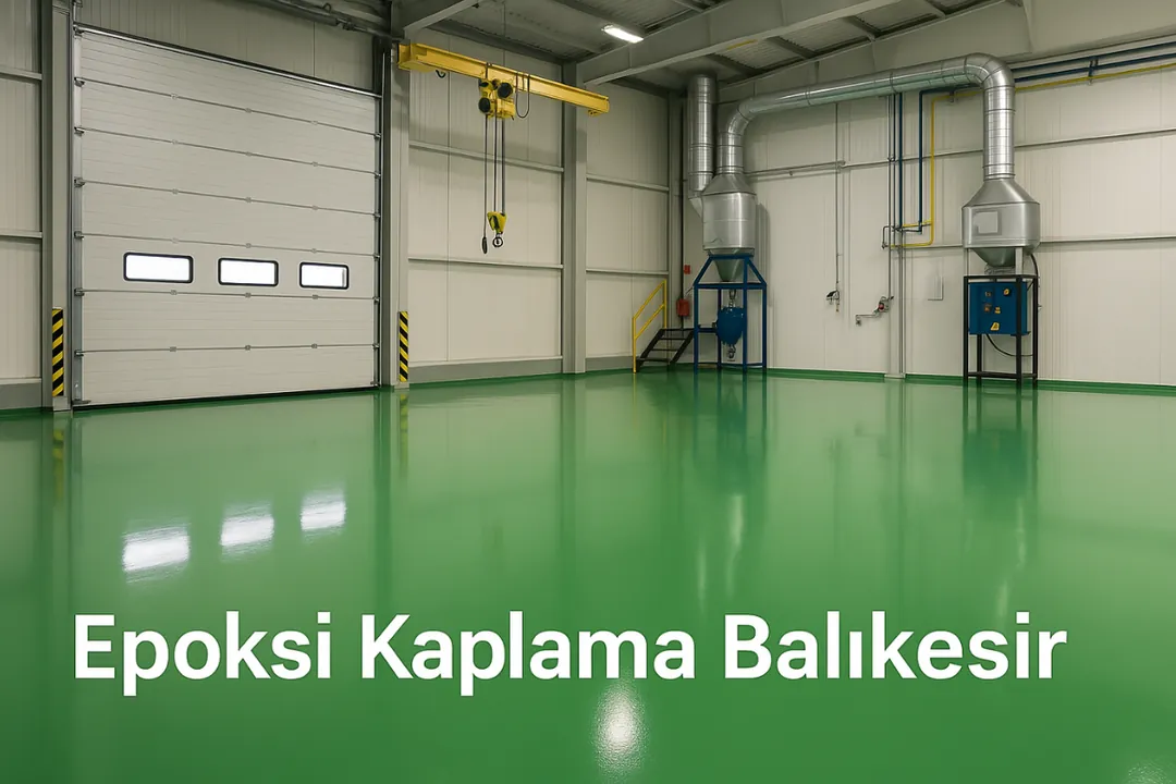 “Balıkesir epoksi zemin kaplama gerçek uygulama sahnesi – parlak self leveling epoksi yüzey, endüstriyel fabrika içi uygulama – Dek-Mar İnşaat 2025” 