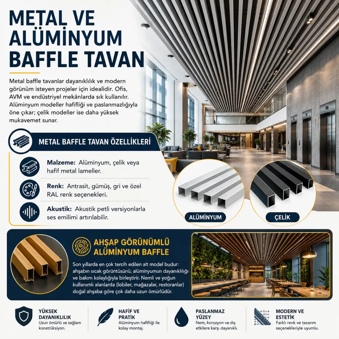 Metal ve alüminyum baffle tavan uygulaması, antrasit lameller ve ahşap görünümlü alüminyum panellerle modern ofis ve lobi tasarımı.