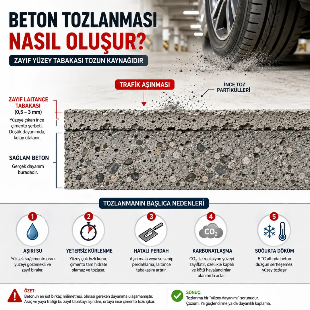 Beton yüzeyinde laitance tabakası nedeniyle oluşan tozlanma şeması&nbsp;