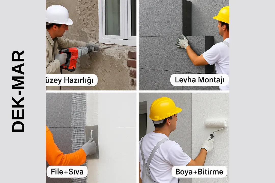 Dış cephe mantolama uygulama süreci: hazırlık, montaj, sıva ve son kat. 