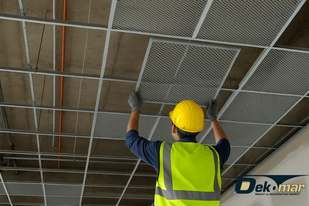 Mesh Tavan Uygulaması sırasında, usta genişletilmiş metal panelleri lay-on sistem taşıyıcısına şantiye ortamında dikkatle monte ediyor