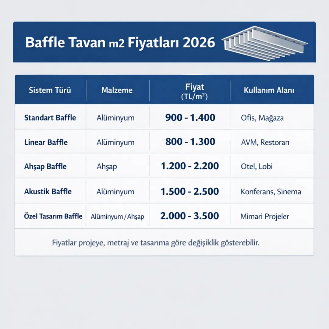 Baffle tavan m2 fiyatları 2026 alüminyum ve ahşap asma tavan sistemleri güncel fiyat karşılaştırması