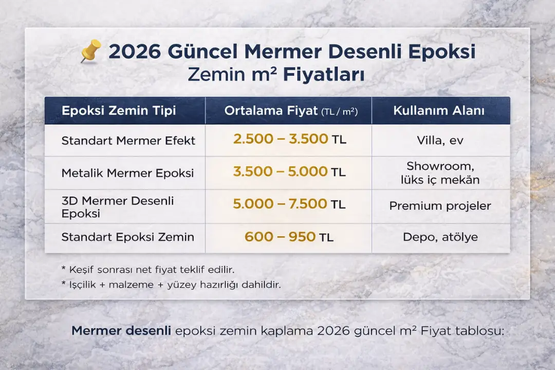 Mermer desenli epoksi zemin kaplama 2026 güncel m2 fiyatları&nbsp;