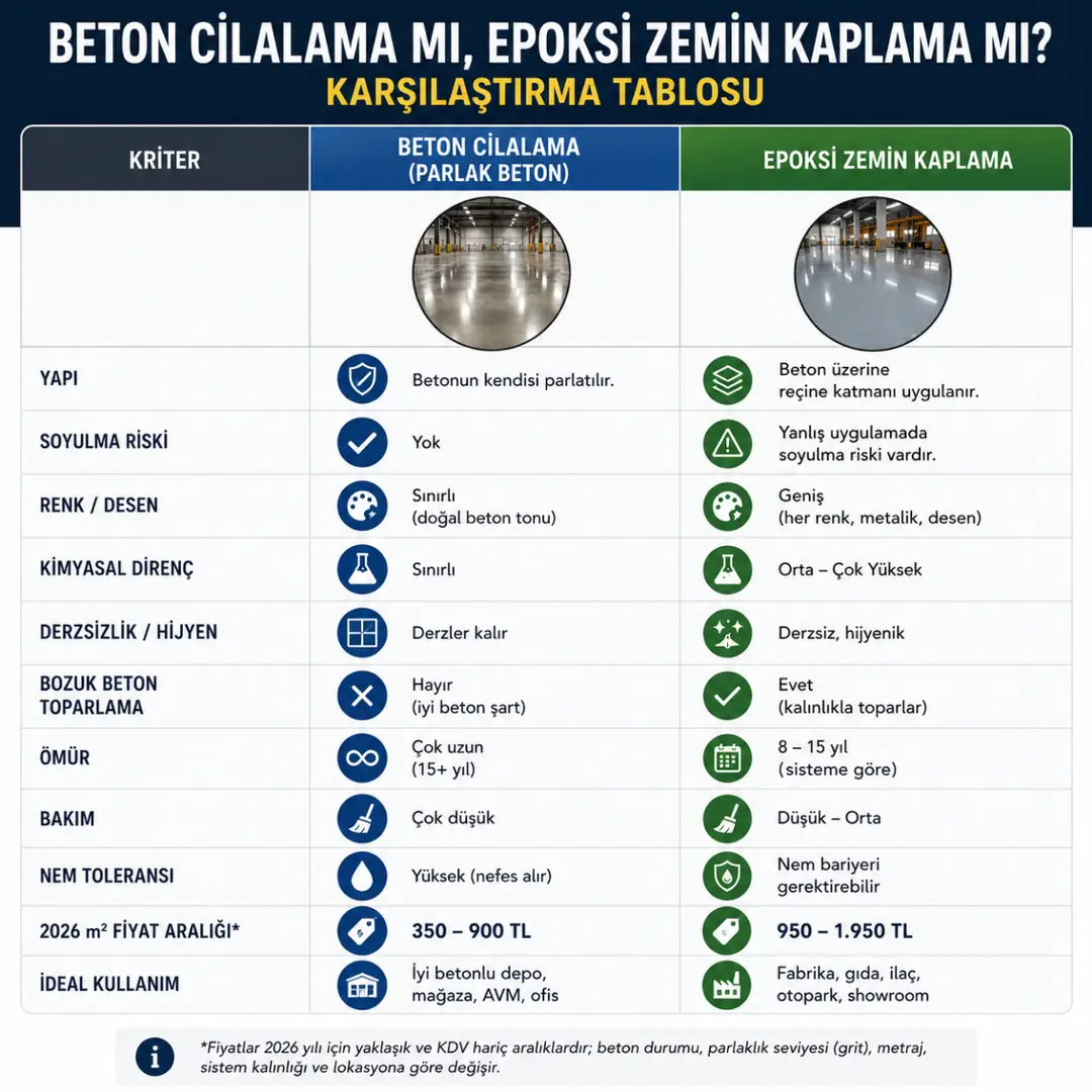 Epoksi ve beton cilalama karşılaştırma tablosu&nbsp;