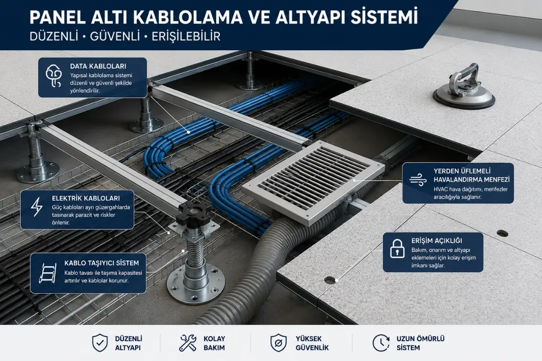 Yükseltilmiş döşeme altında data kablolama ve altyapı sistemi