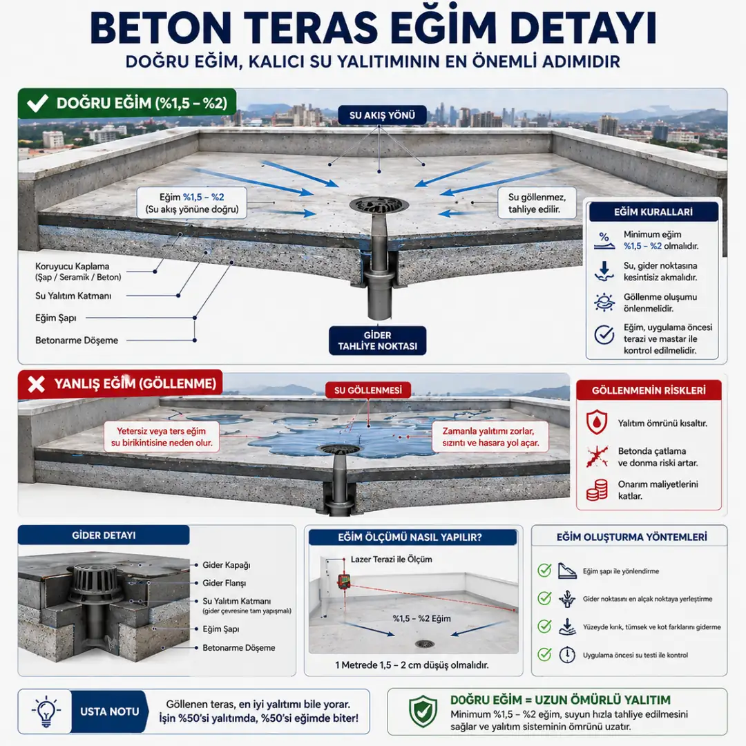 Beton teraslarda doğru su tahliyesi için eğim detayı&nbsp;