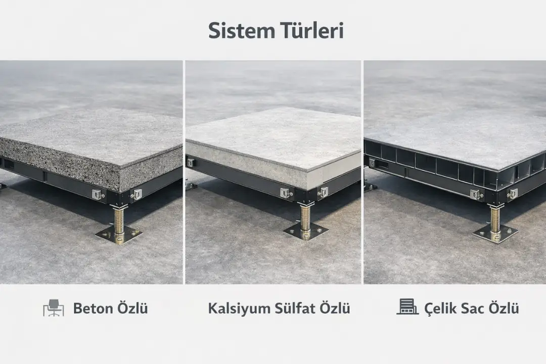 Beton özlü, kalsiyum sülfat ve çelik sac yükseltilmiş döşeme sistemleri