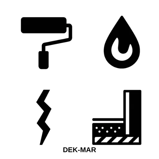 “Bitüm esaslı likit membran uygulama süreçleri için rulo, su damlası, çatlak köprüleme ve temel kesit ikonları.”