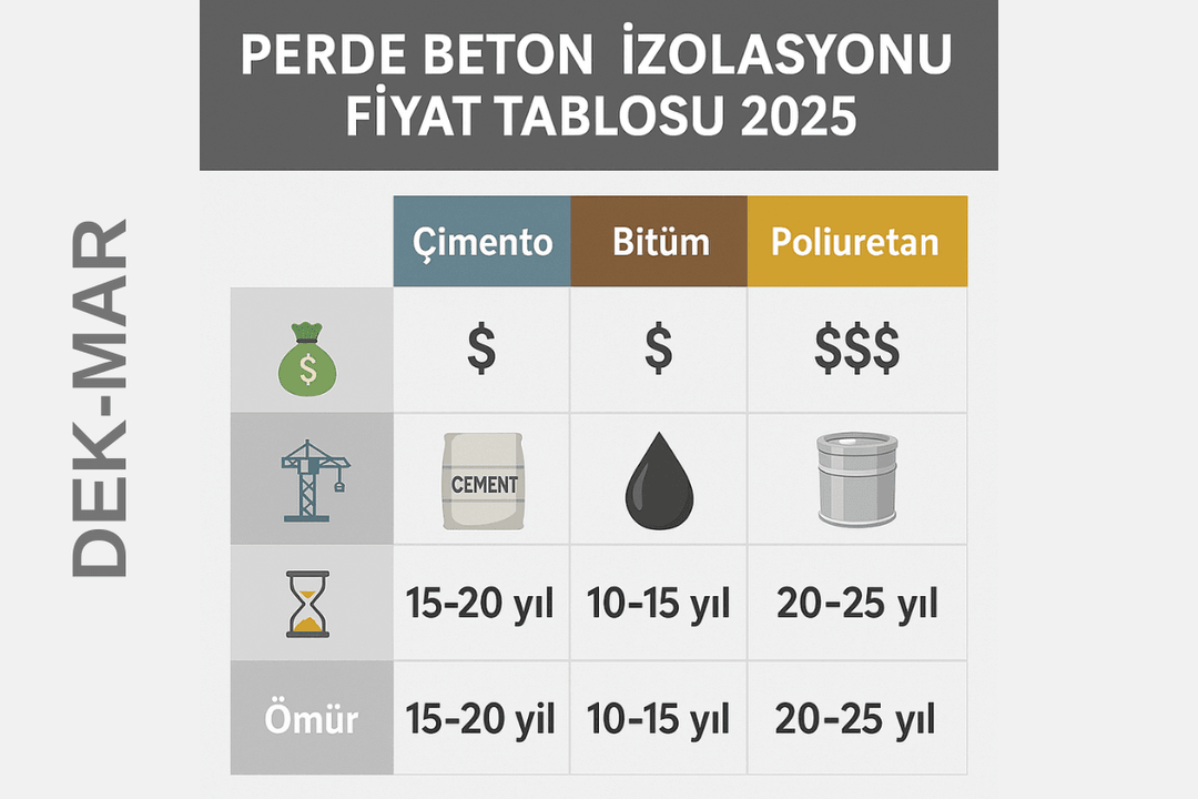 Perde beton izolasyonu fiyat tablosu 2025 – çimento, bitüm, poliüretan karşılaştırması