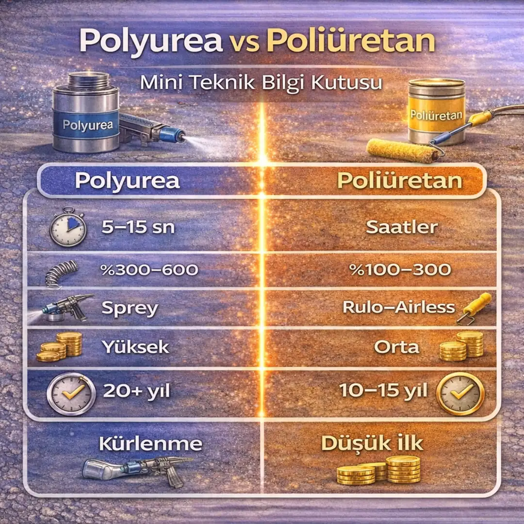 Polyurea ve poliüretan teknik karşılaştırma özeti, sistem seçimi için hızlı rehber.&nbsp;