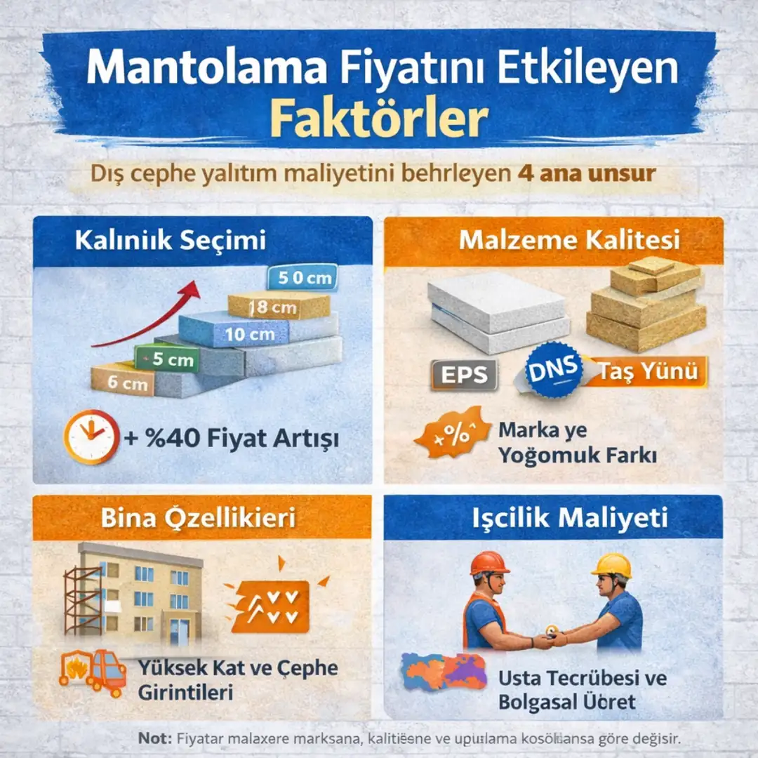 mantolama fiyatını etkileyen faktörler kalınlık malzeme işçilik cephe durumu infografik