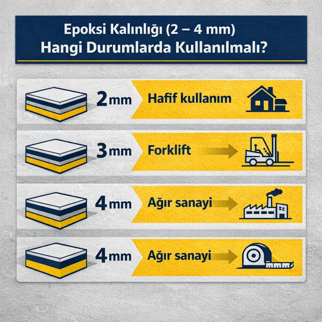 Self leveling epoksi kalınlık seçimi 2 mm hafif kullanım 3 mm forklift trafiği 4 mm ağır sanayi zemin kaplama