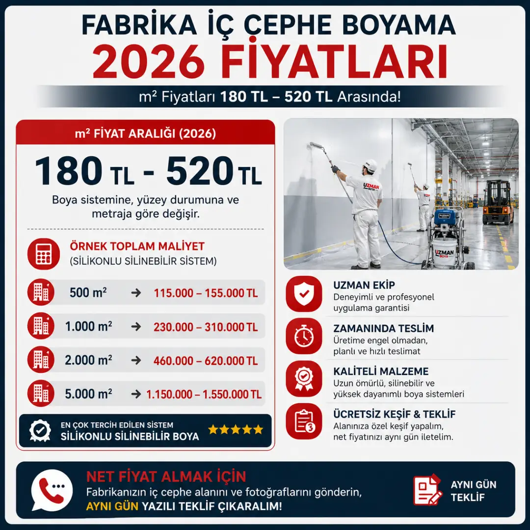 Fabrika iç cephe boyama 2026 üst fiyat bloğu metrekare fiyat aralıkları ve örnek toplam maliyet tablosu&nbsp;