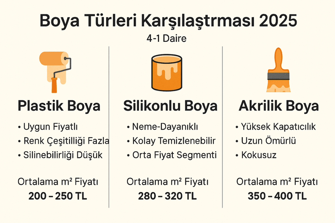Plastik, silikonlu ve akrilik boyaların özellik ve fiyat karşılaştırma infografiği – 4+1 daireler için. 