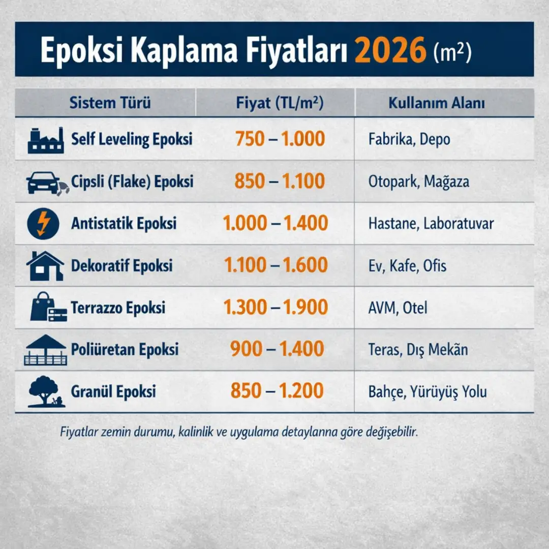 Epoksi kaplama fiyatları 2026 karşılaştırma tablosu, self leveling, antistatik ve dekoratif epoksi m2 fiyatları